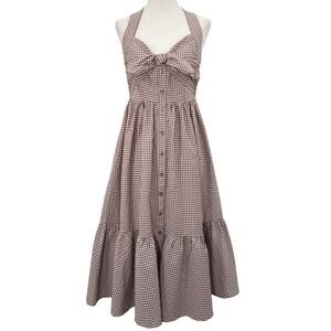 Maeve Anthropologie Gingham Sun Dress XXS Brown Midi Bow Front Preppy Western